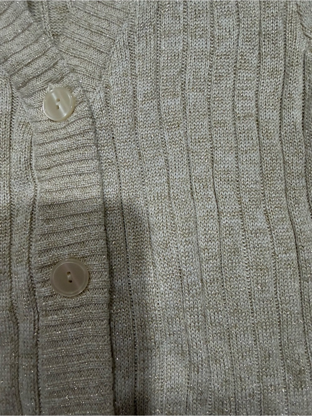 Long Ribbed Button-Front Metallic Cardigan Sweater - Tan - Picture 3 of 3